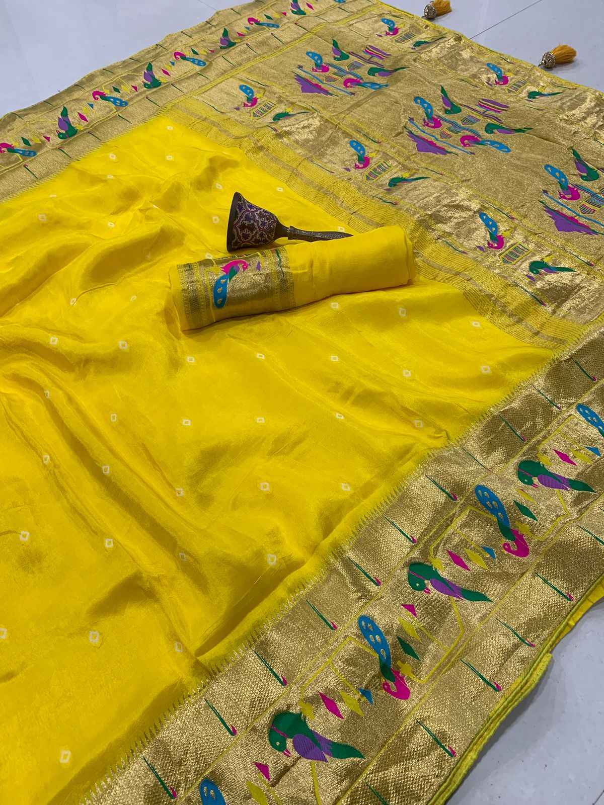 SOFT VISCOS GAJJI SILK BANDHEJ WITH JARI WEAVING WORK SAREE AT WHOLESALE PRICE