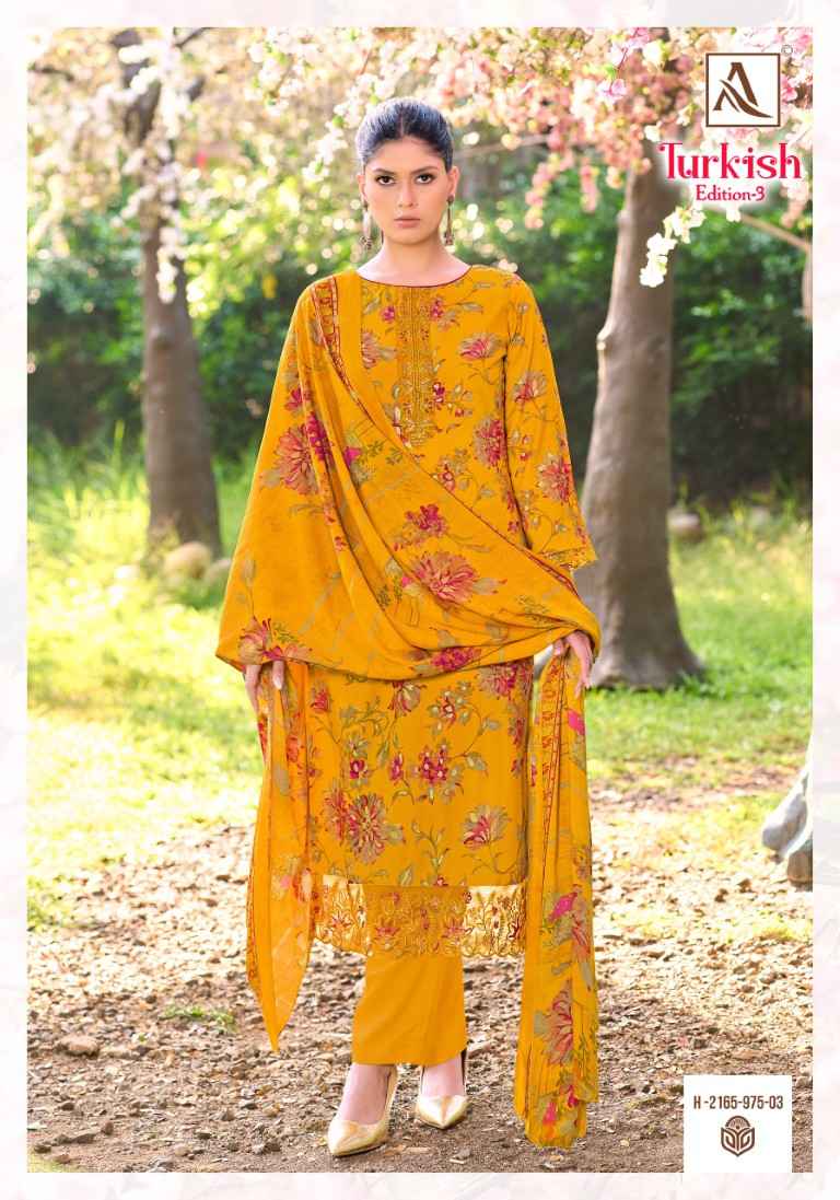 ALOK TURKISH-3 PURE VISCOSE REYON PRINT EMBROIDERY WORK DRESS MATERIAL AT WHOLESALE PRICE 