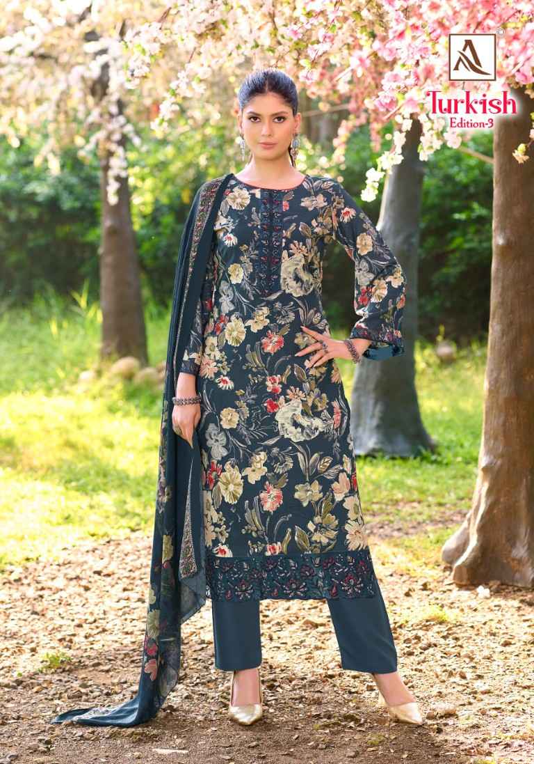 ALOK TURKISH-3 PURE VISCOSE REYON PRINT EMBROIDERY WORK DRESS MATERIAL AT WHOLESALE PRICE 
