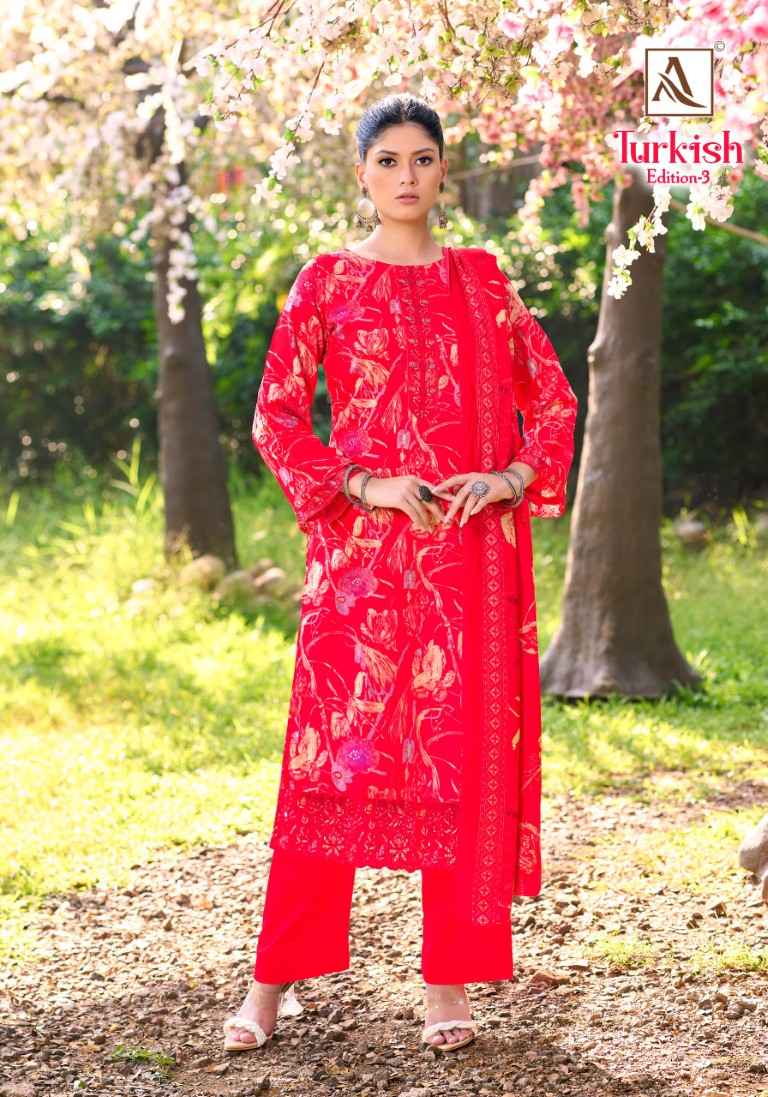 ALOK TURKISH-3 PURE VISCOSE REYON PRINT EMBROIDERY WORK DRESS MATERIAL AT WHOLESALE PRICE 