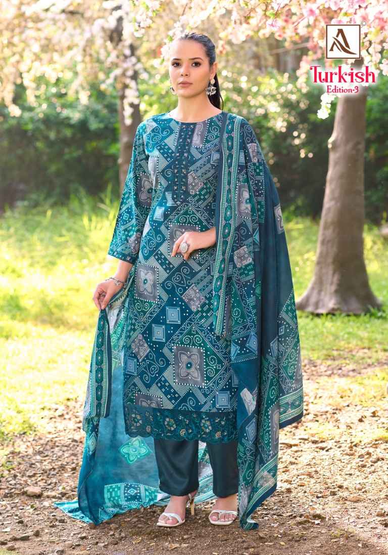 ALOK TURKISH-3 PURE VISCOSE REYON PRINT EMBROIDERY WORK DRESS MATERIAL AT WHOLESALE PRICE 