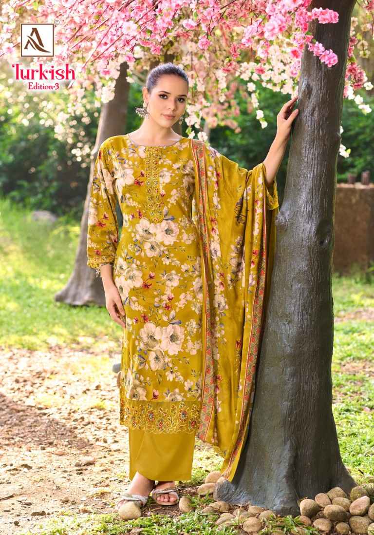 ALOK TURKISH-3 PURE VISCOSE REYON PRINT EMBROIDERY WORK DRESS MATERIAL AT WHOLESALE PRICE 