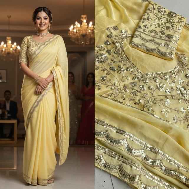 MOSS CHIFFON SEQUINS LACE BORDER SAREE AT WHOLESALE PRICE