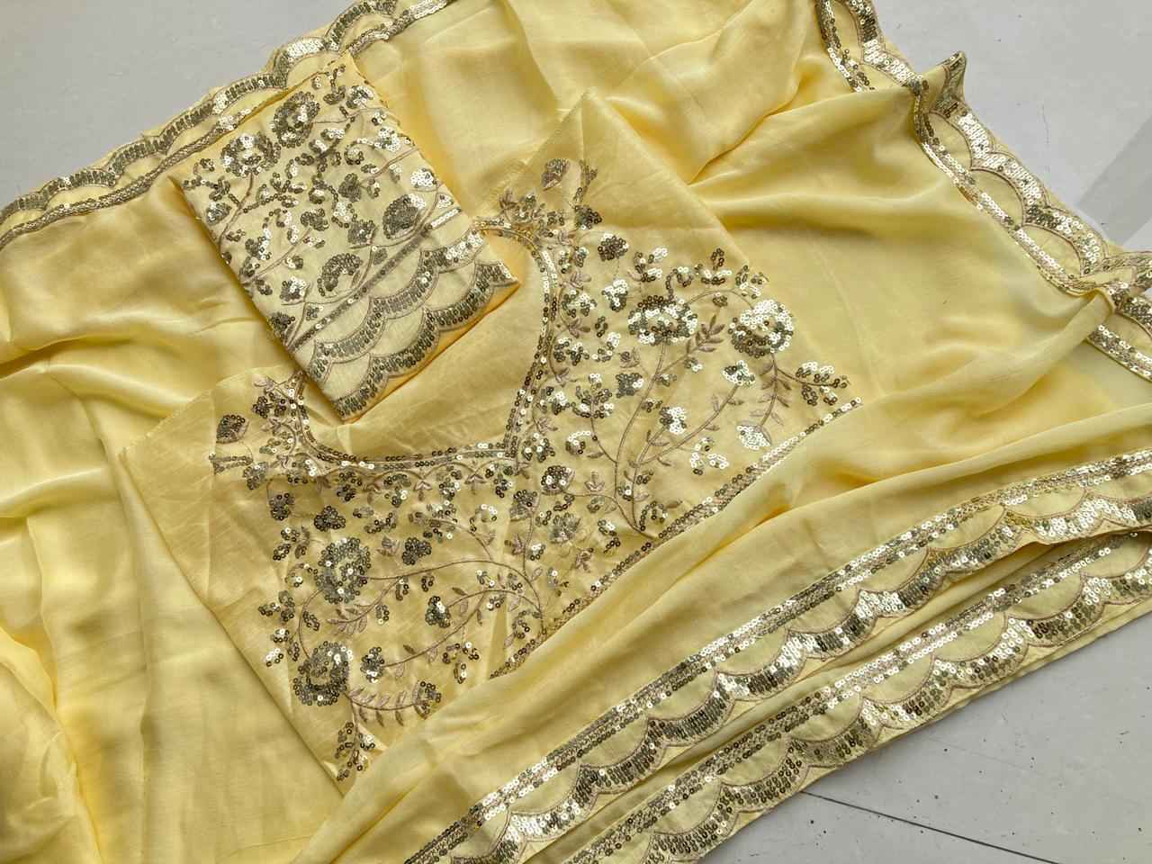 MOSS CHIFFON SEQUINS LACE BORDER SAREE AT WHOLESALE PRICE