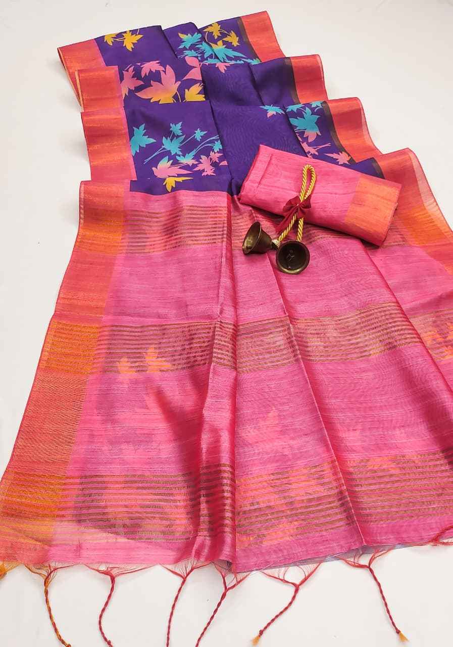 PREMIUM SOFT DESI TUSSAR SILK FLORAL JAL PRINTED ZARI WOVEN SAREE AT WHOLESALE PRICE