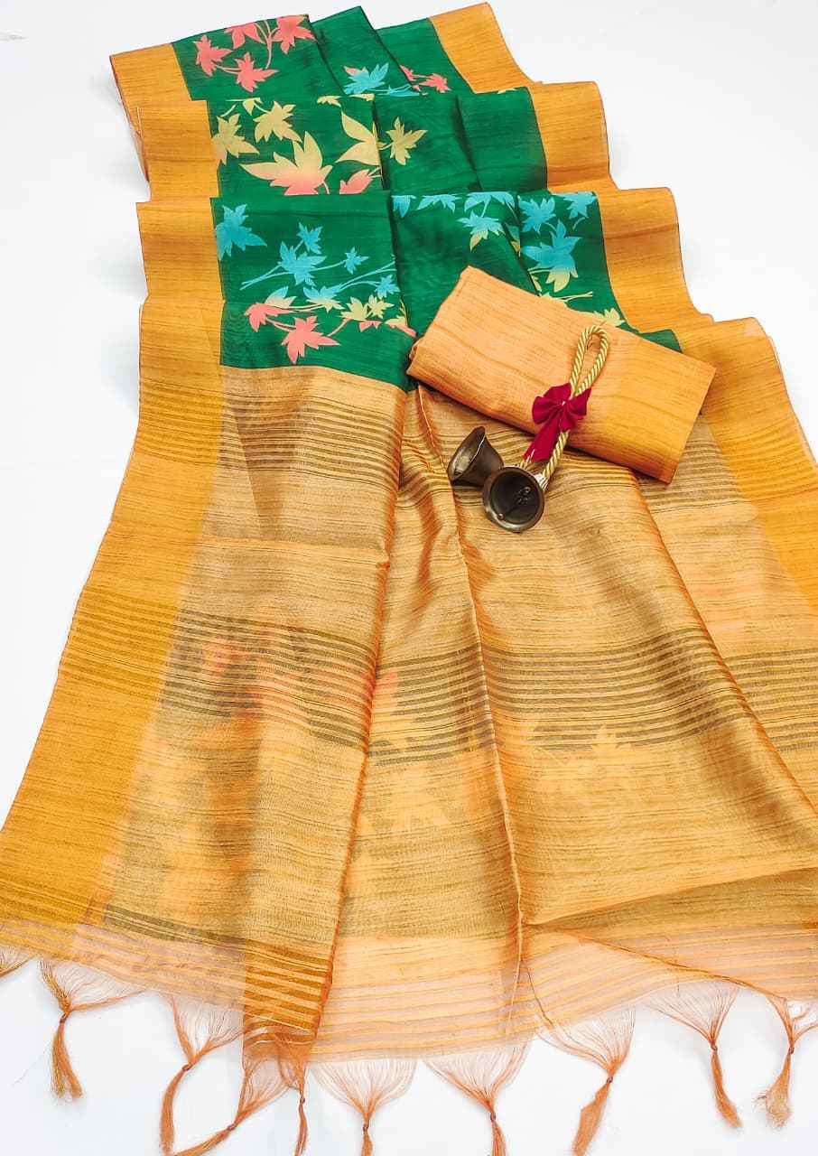 PREMIUM SOFT DESI TUSSAR SILK FLORAL JAL PRINTED ZARI WOVEN SAREE AT WHOLESALE PRICE