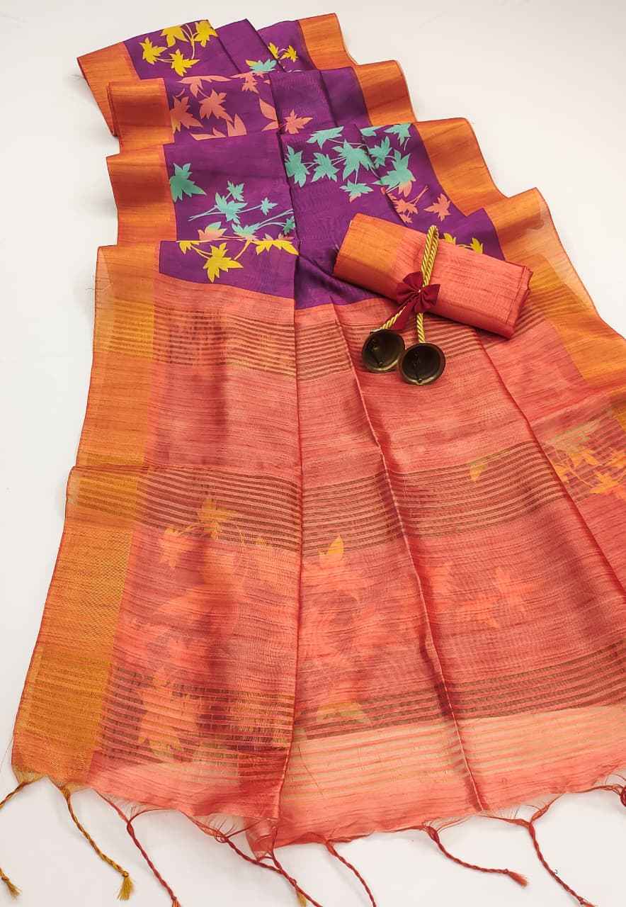 PREMIUM SOFT DESI TUSSAR SILK FLORAL JAL PRINTED ZARI WOVEN SAREE AT WHOLESALE PRICE