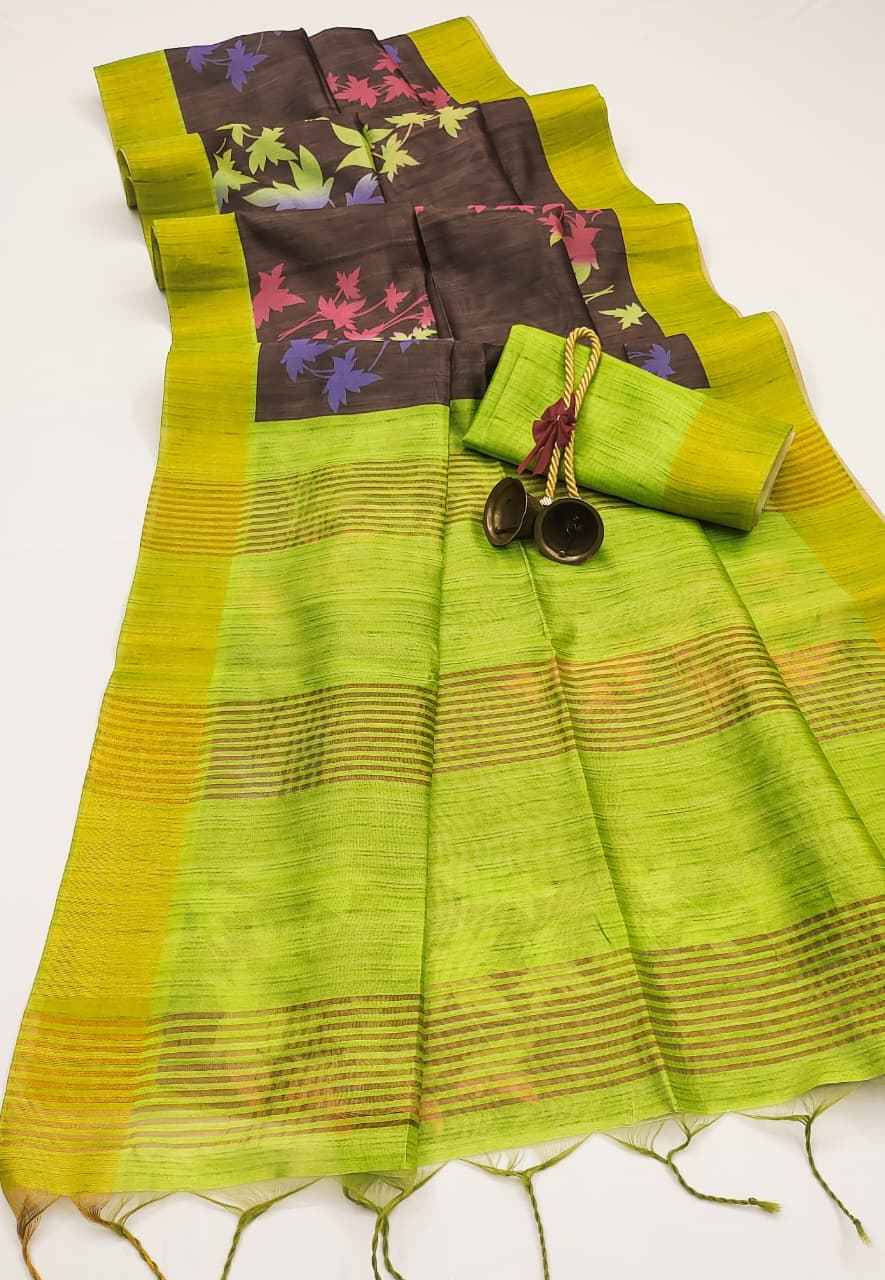 PREMIUM SOFT DESI TUSSAR SILK FLORAL JAL PRINTED ZARI WOVEN SAREE AT WHOLESALE PRICE