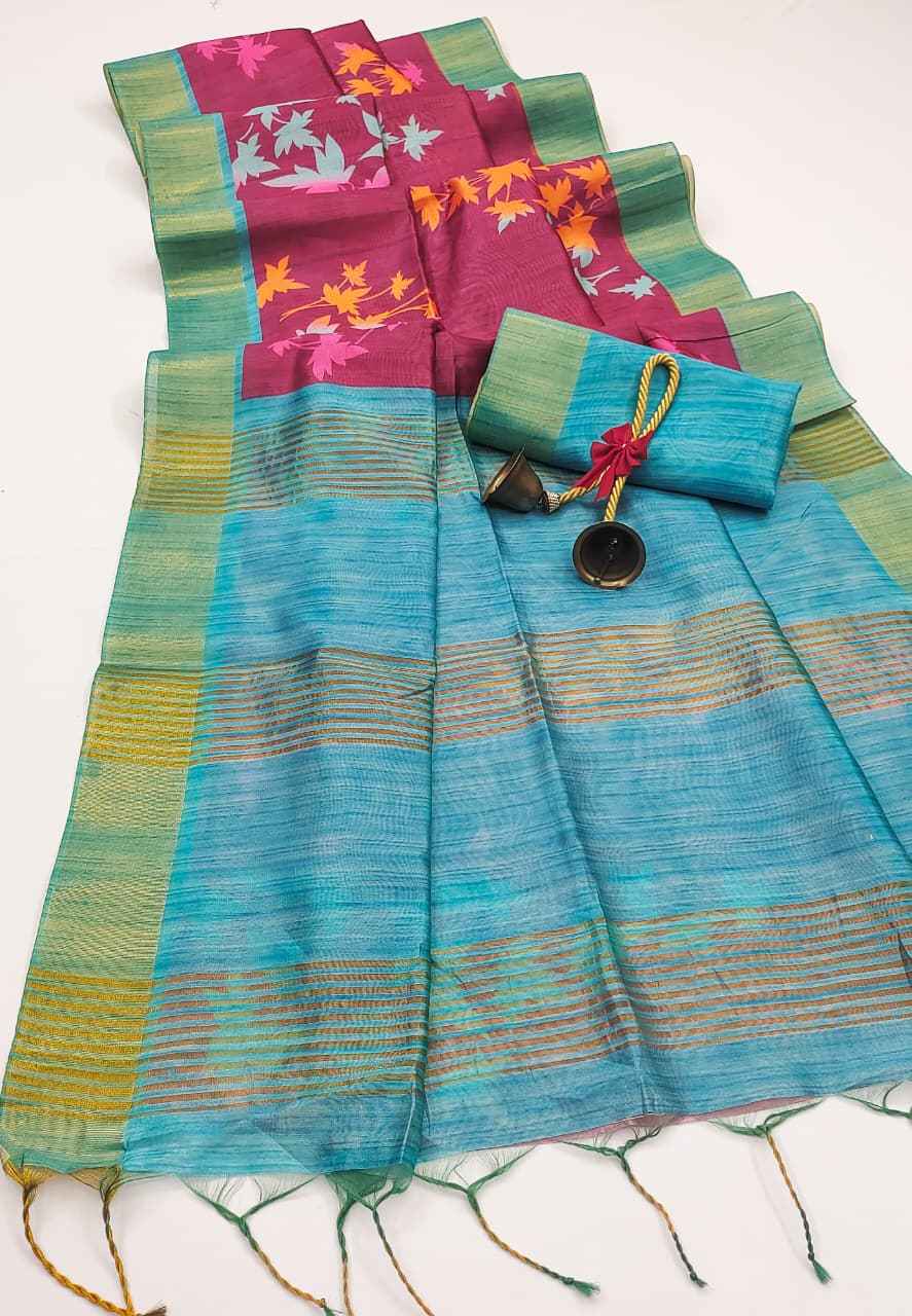 PREMIUM SOFT DESI TUSSAR SILK FLORAL JAL PRINTED ZARI WOVEN SAREE AT WHOLESALE PRICE