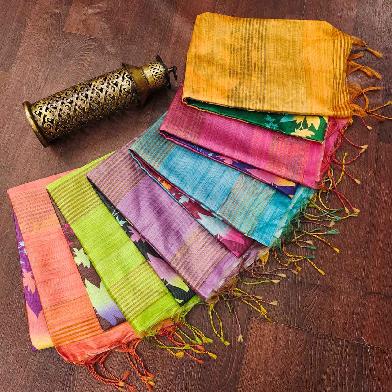 PREMIUM SOFT DESI TUSSAR SILK FLORAL JAL PRINTED ZARI WOVEN SAREE AT WHOLESALE PRICE