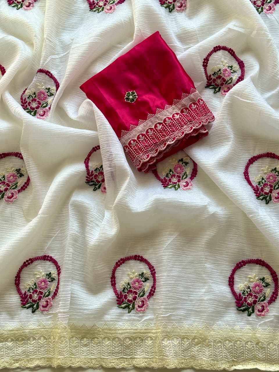 PURE CRUSH GEORGETTE CHIFFON FLORAL EMBROIDERY SCALLOP BPRDER SAREE AT WHOLESALE PRICE