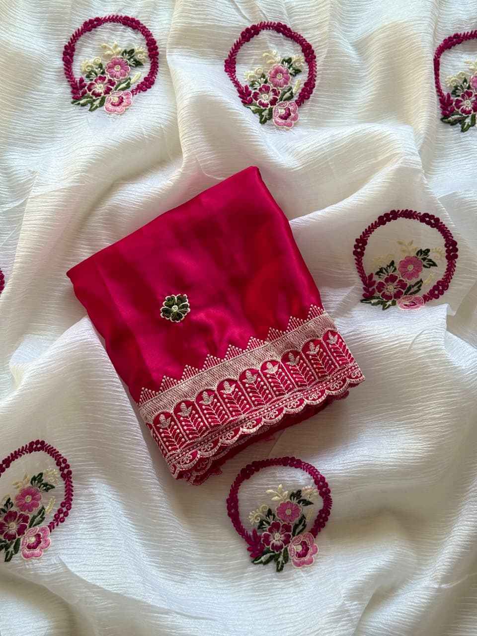 PURE CRUSH GEORGETTE CHIFFON FLORAL EMBROIDERY SCALLOP BPRDER SAREE AT WHOLESALE PRICE