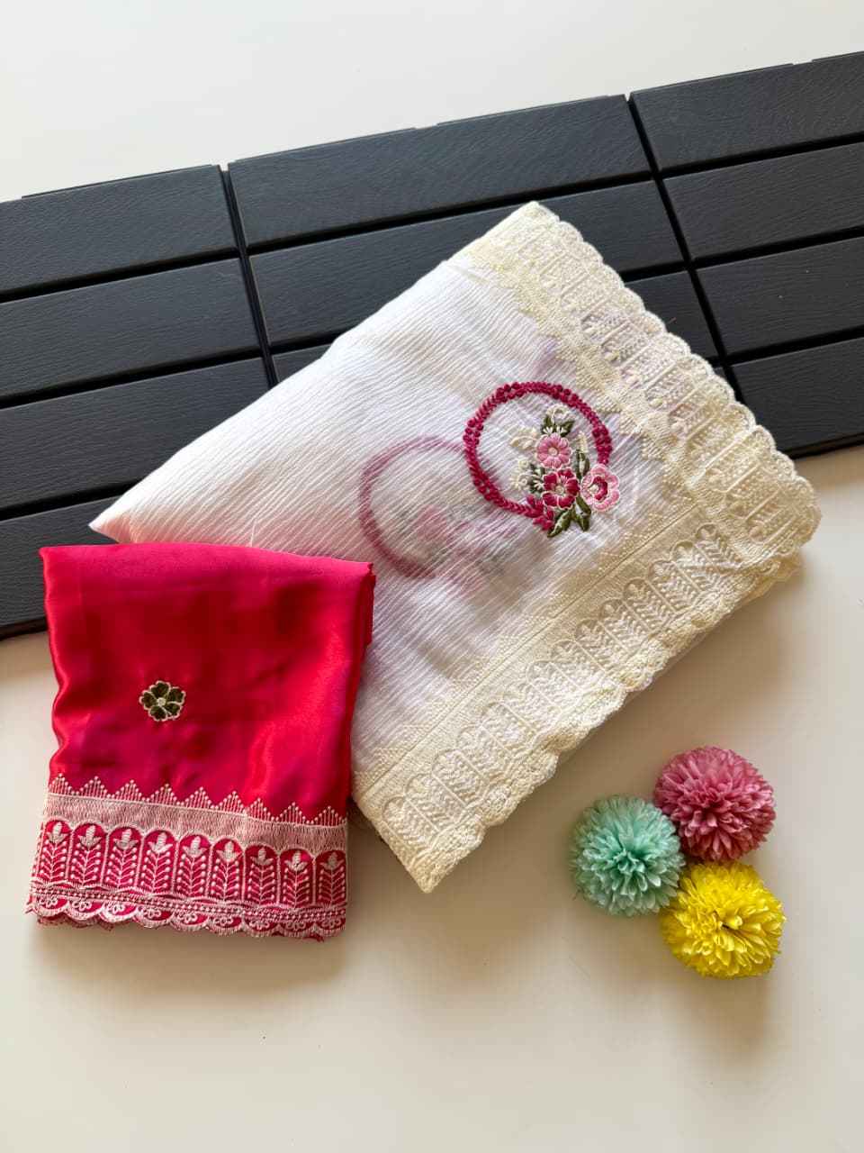 PURE CRUSH GEORGETTE CHIFFON FLORAL EMBROIDERY SCALLOP BPRDER SAREE AT WHOLESALE PRICE