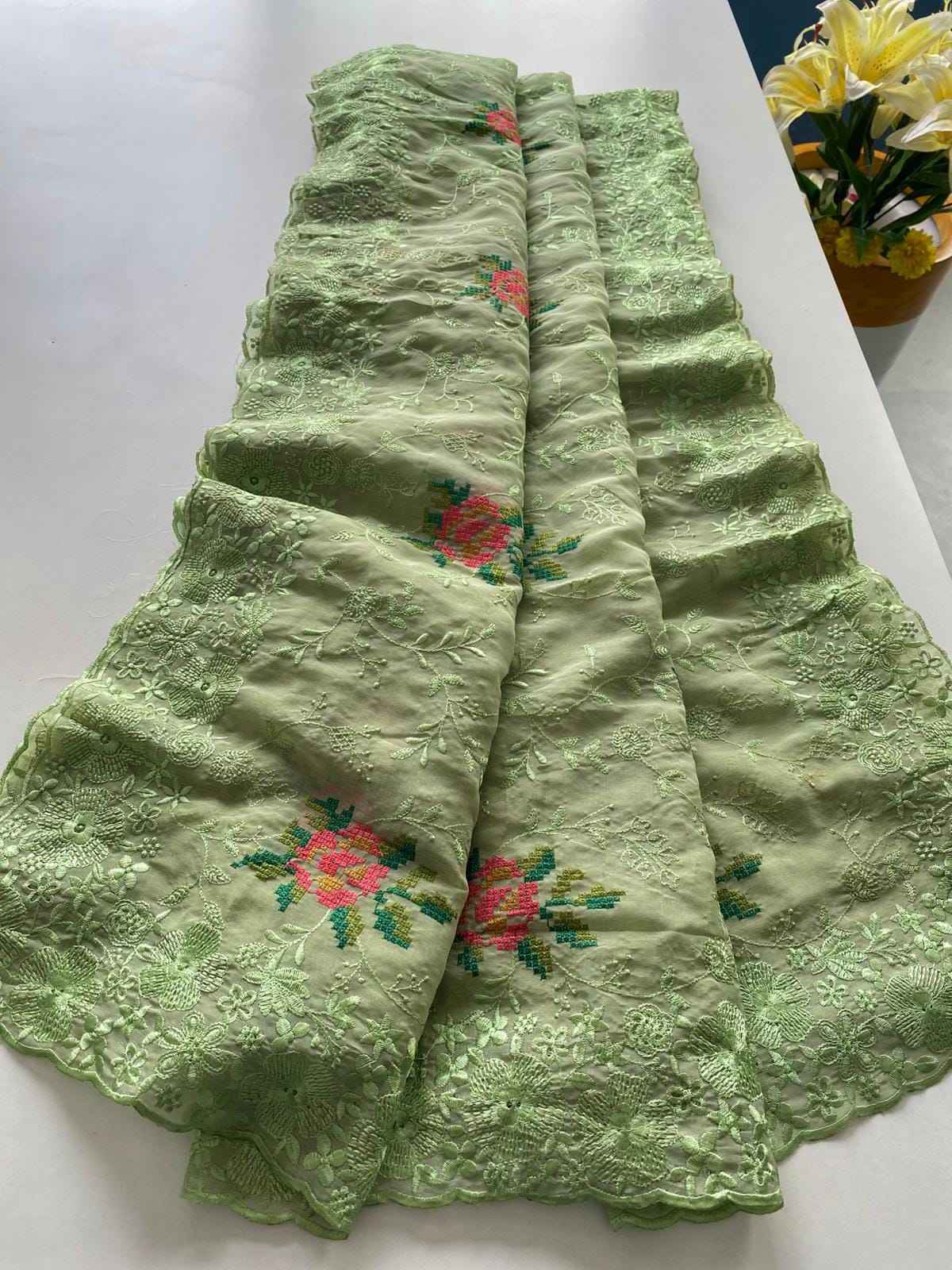 PURE SHINY ZARI CHIFFON WITH CUTOWORK AND EMBROIDERY SAREE AT WHOLESALE PRICE 