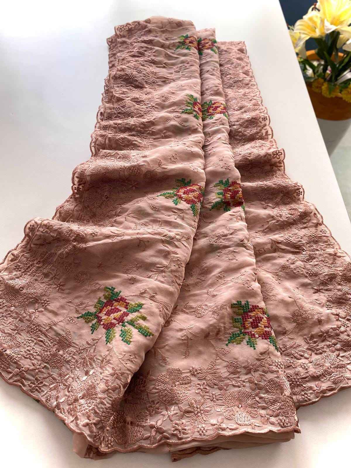 PURE SHINY ZARI CHIFFON WITH CUTOWORK AND EMBROIDERY SAREE AT WHOLESALE PRICE 