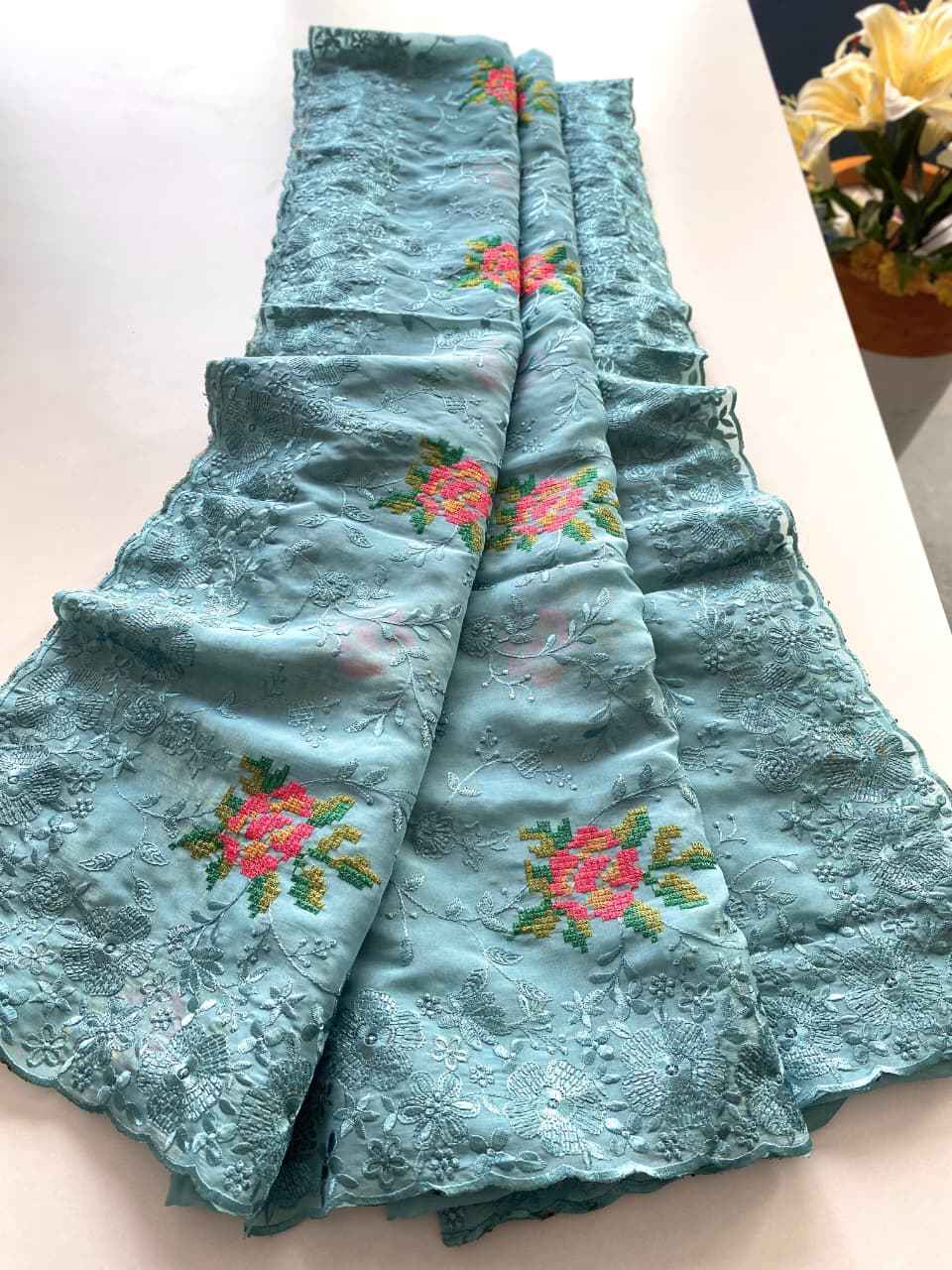 PURE SHINY ZARI CHIFFON WITH CUTOWORK AND EMBROIDERY SAREE AT WHOLESALE PRICE 