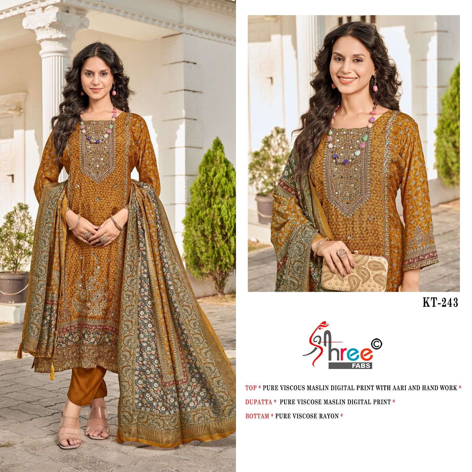 SHREE FAB KT - 243 PURE VISCOUS MASLIN DIGITAL PRINTED DRESS MATERIAL AT WHOLESALE PRICE