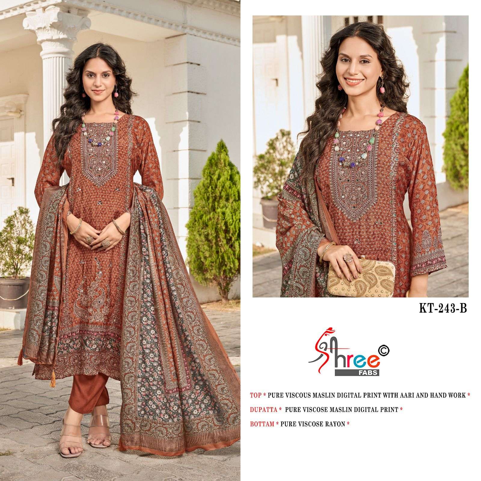 SHREE FAB KT - 243 PURE VISCOUS MASLIN DIGITAL PRINTED DRESS MATERIAL AT WHOLESALE PRICE