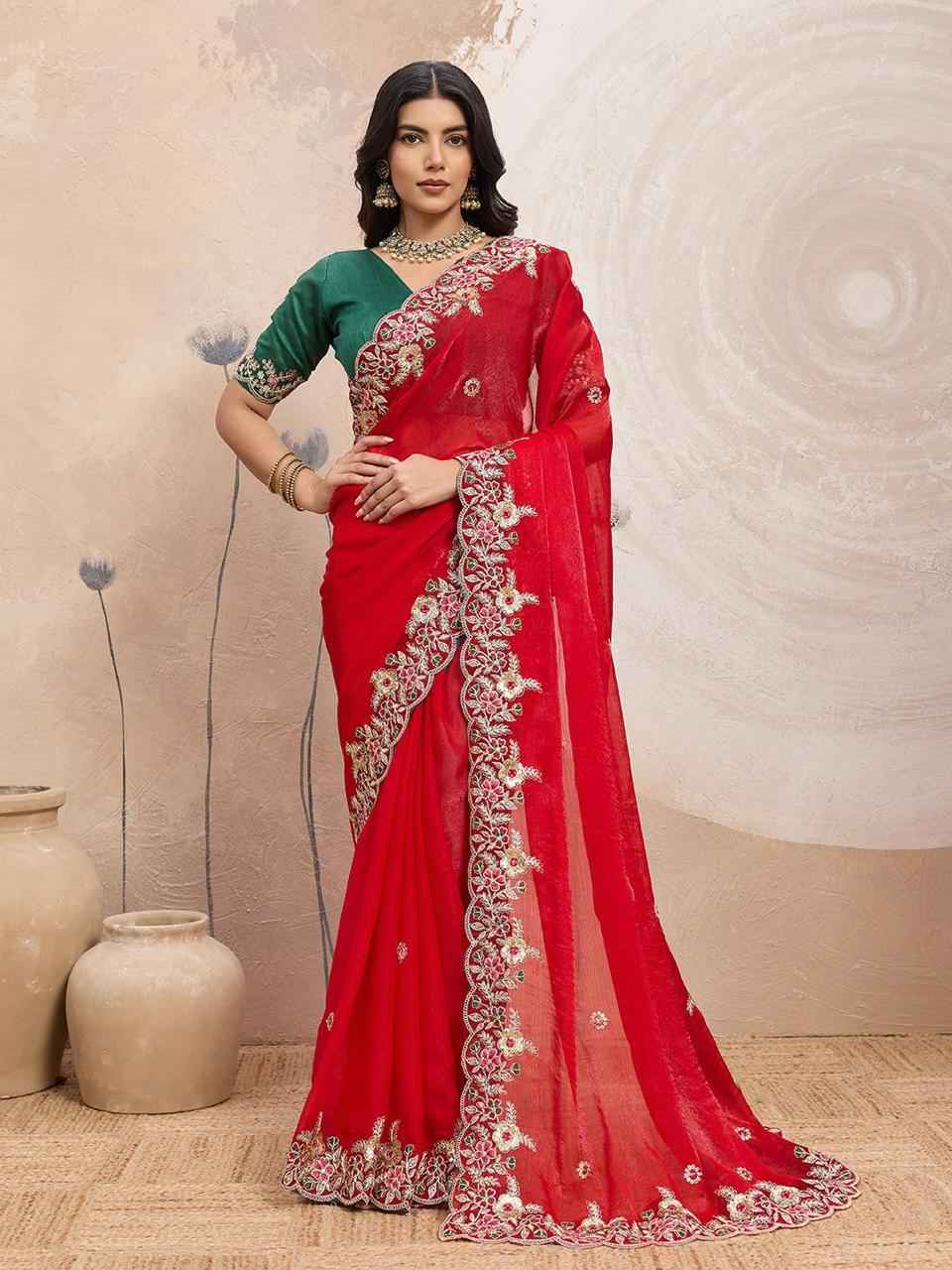 SOFT SPACE SILK EMBROIDERY CUTWORK WORK AARCO BORDER SAREE AT WHOLESALE PRICE
