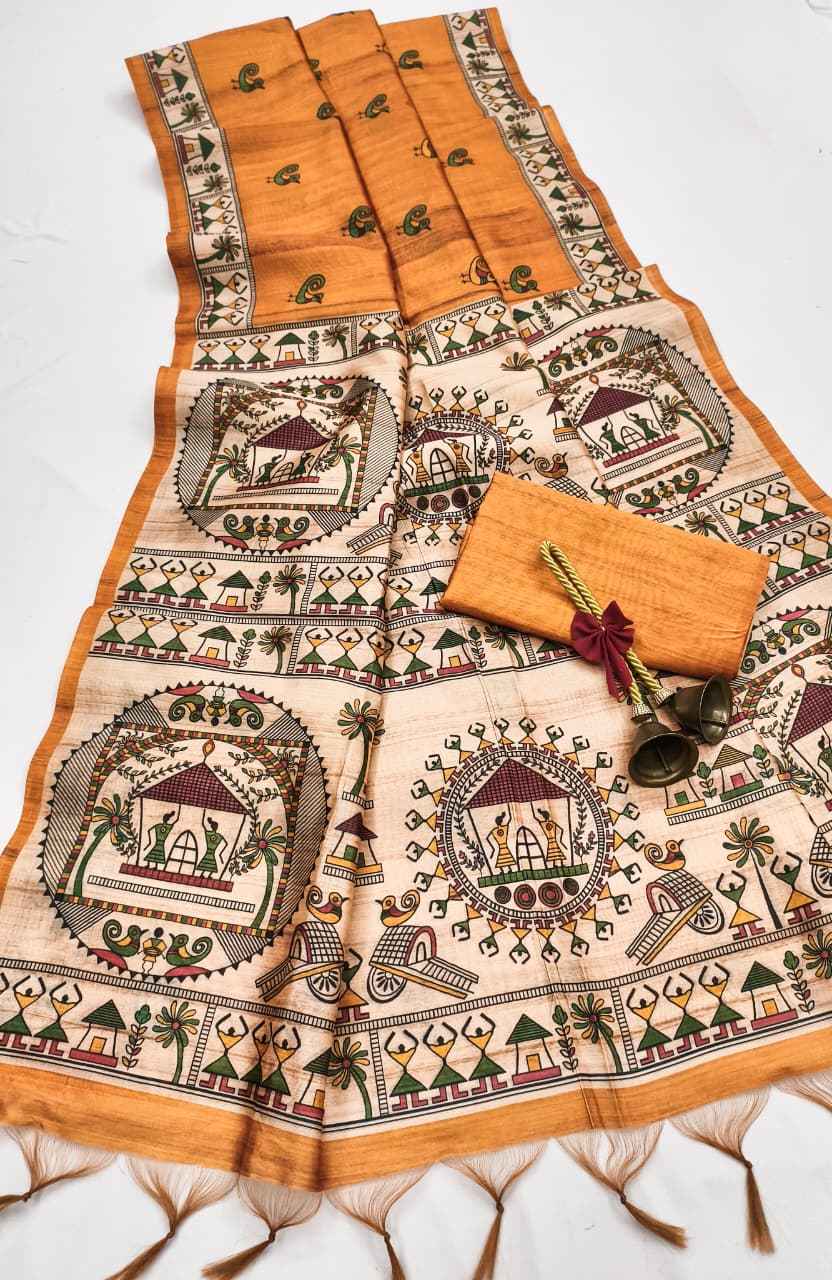 SOFT TUSSAR SILK MADHUBANI TRADITIONAL PRINTED SAREE AT WHOLESALE PRICE