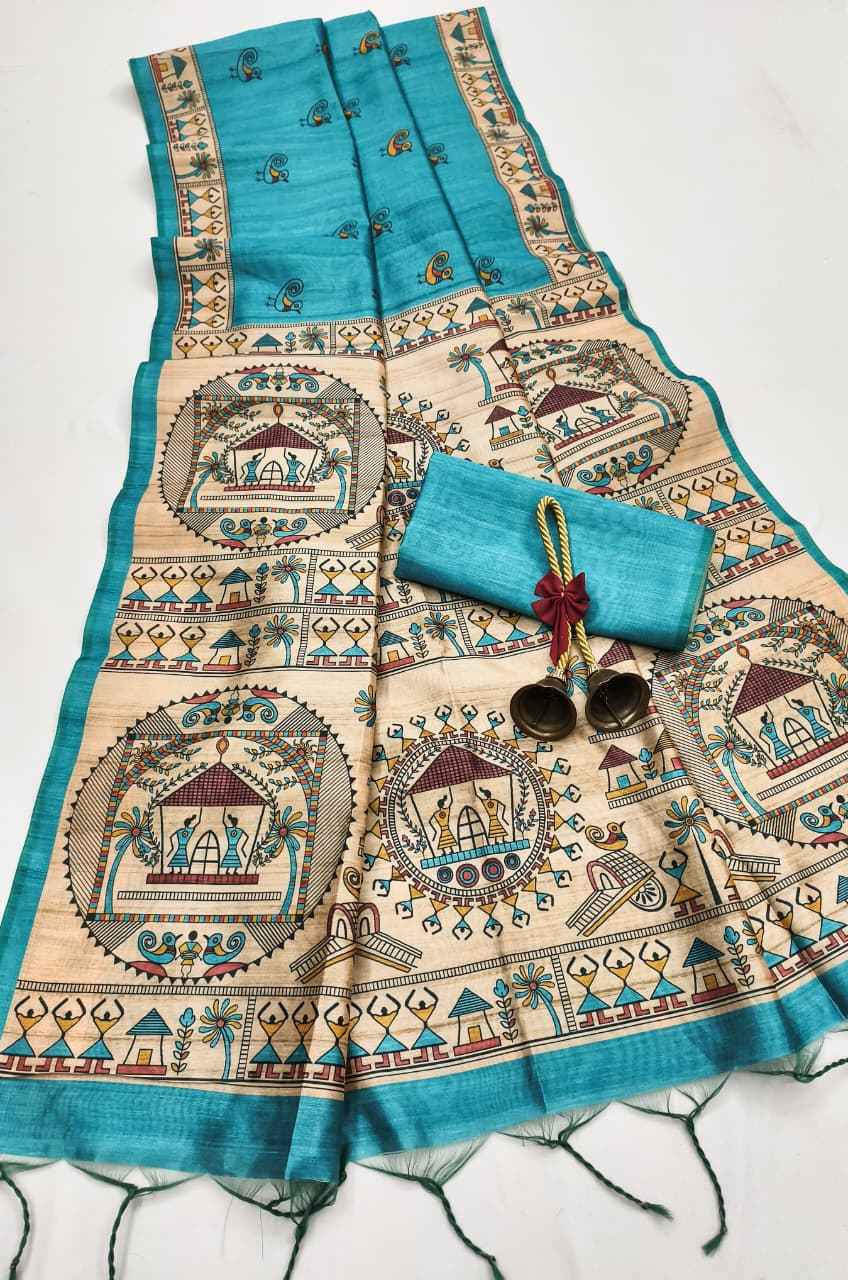 SOFT TUSSAR SILK MADHUBANI TRADITIONAL PRINTED SAREE AT WHOLESALE PRICE