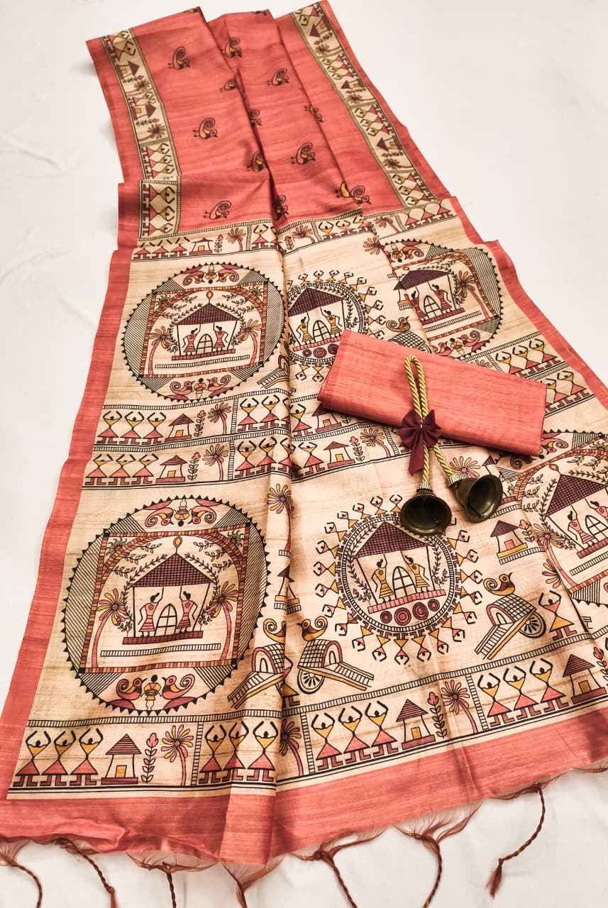 SOFT TUSSAR SILK MADHUBANI TRADITIONAL PRINTED SAREE AT WHOLESALE PRICE