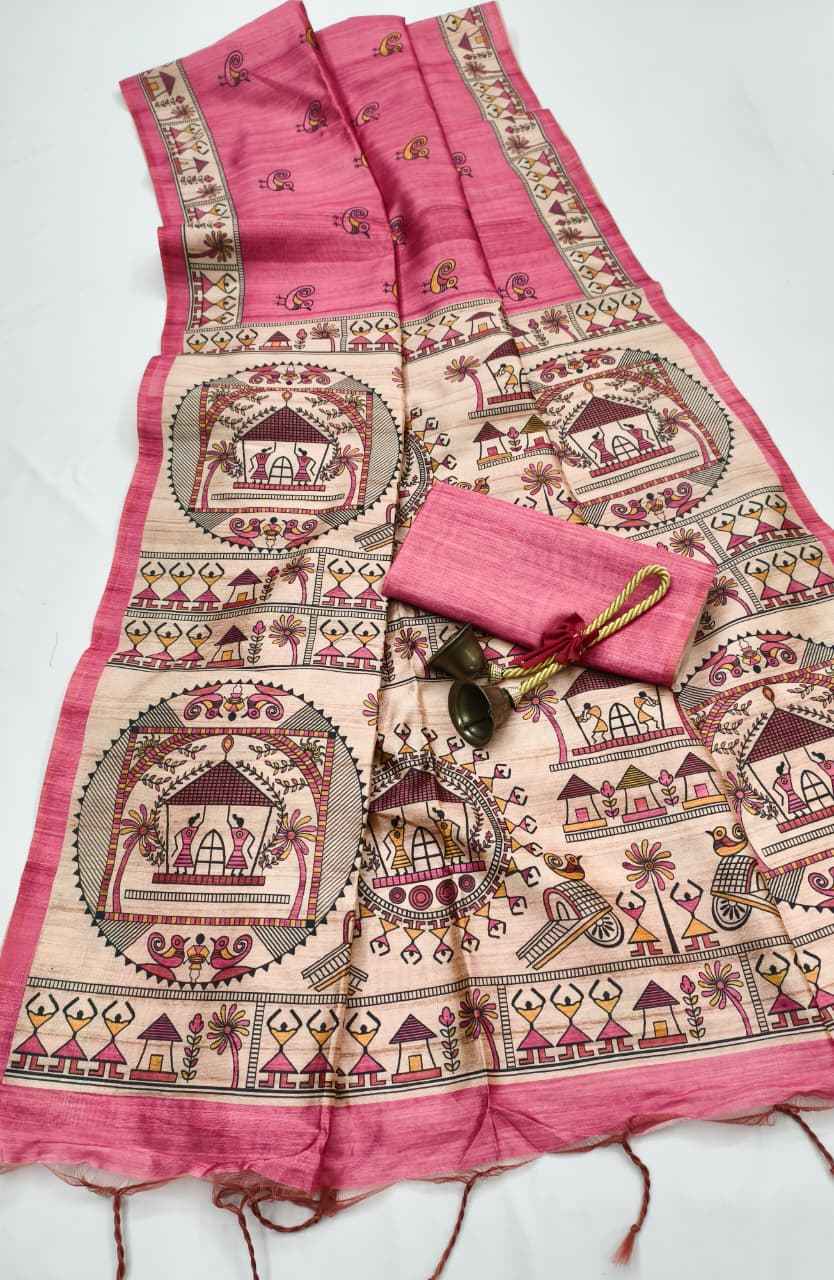 SOFT TUSSAR SILK MADHUBANI TRADITIONAL PRINTED SAREE AT WHOLESALE PRICE