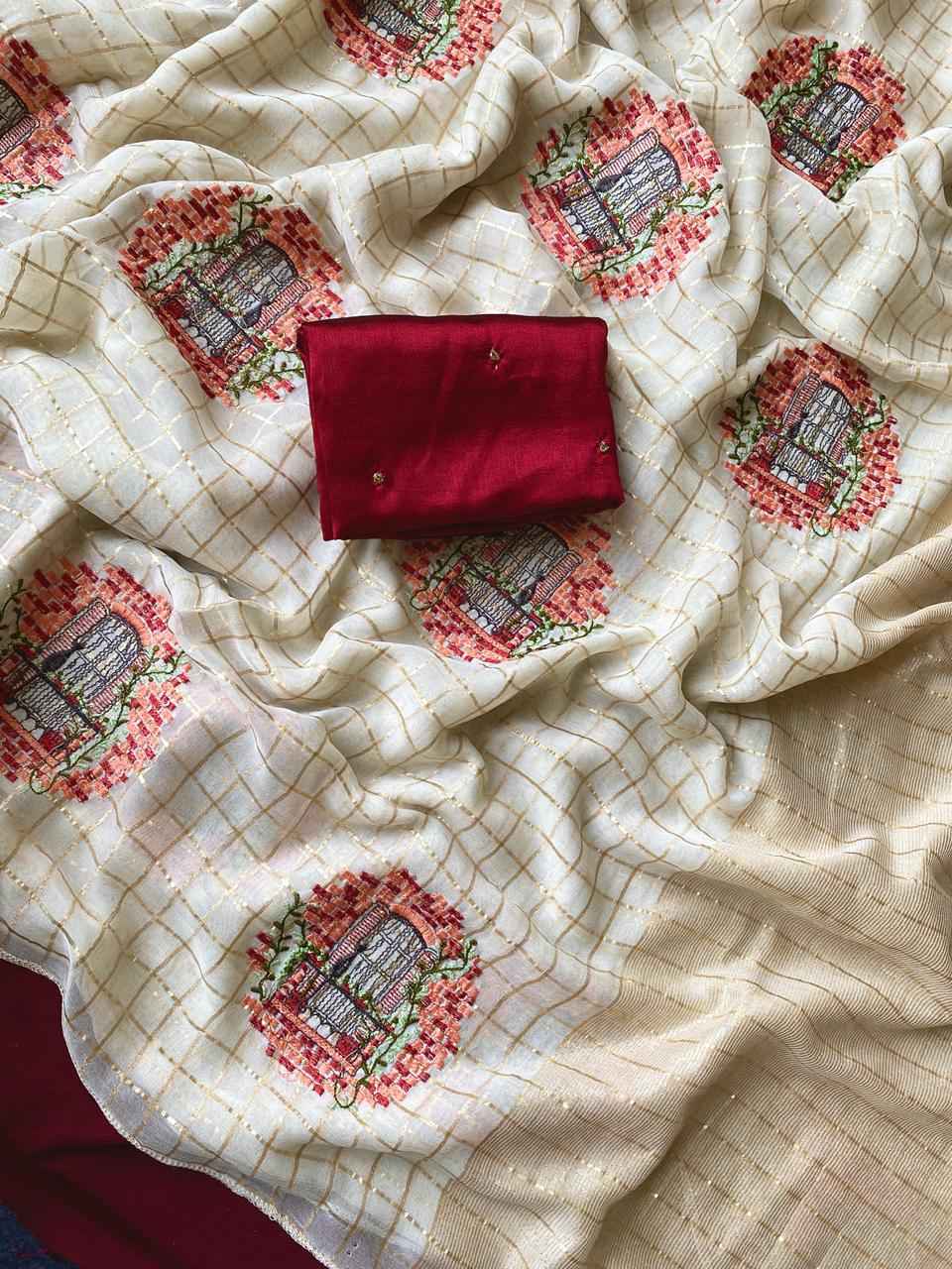 VISCOSE GEORGETTE GOLD ZARI WEAVED BORDER WITH EMBROIDERY SAREE AT WHOLESALE PRICE