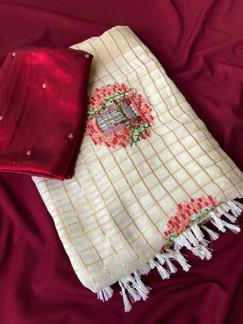 VISCOSE GEORGETTE GOLD ZARI WEAVED BORDER WITH EMBROIDERY SAREE AT WHOLESALE PRICE