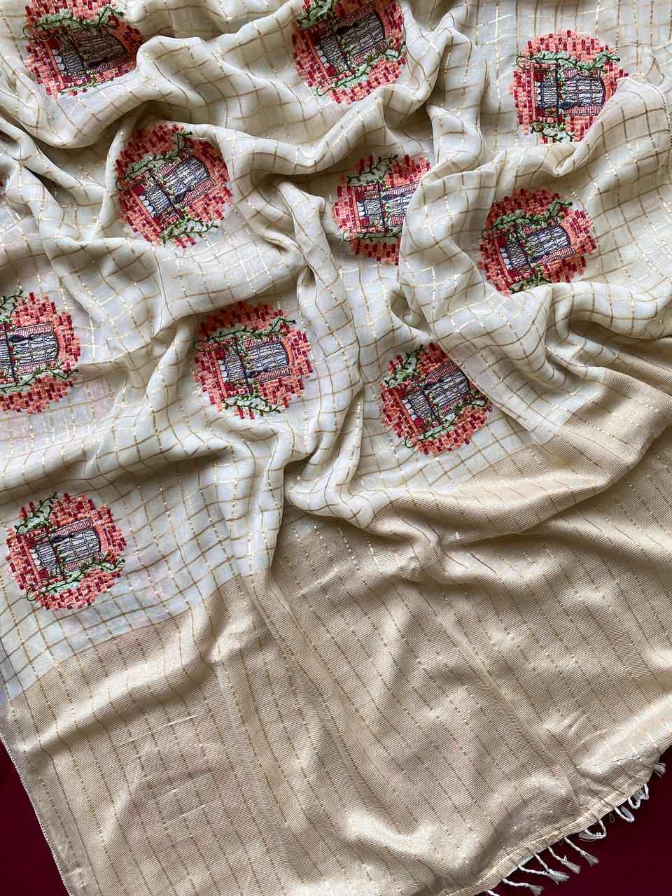 VISCOSE GEORGETTE GOLD ZARI WEAVED BORDER WITH EMBROIDERY SAREE AT WHOLESALE PRICE