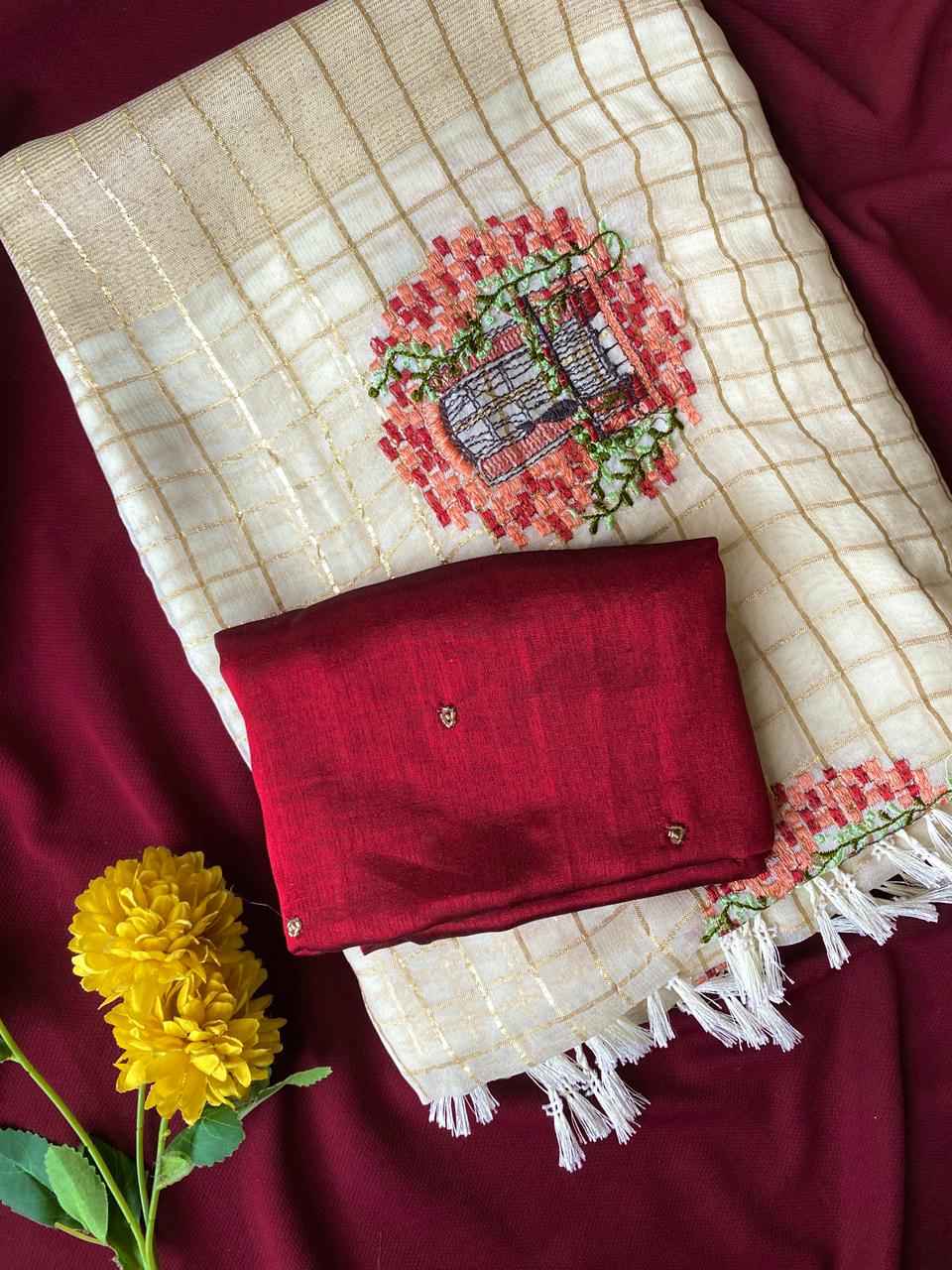 VISCOSE GEORGETTE GOLD ZARI WEAVED BORDER WITH EMBROIDERY SAREE AT WHOLESALE PRICE