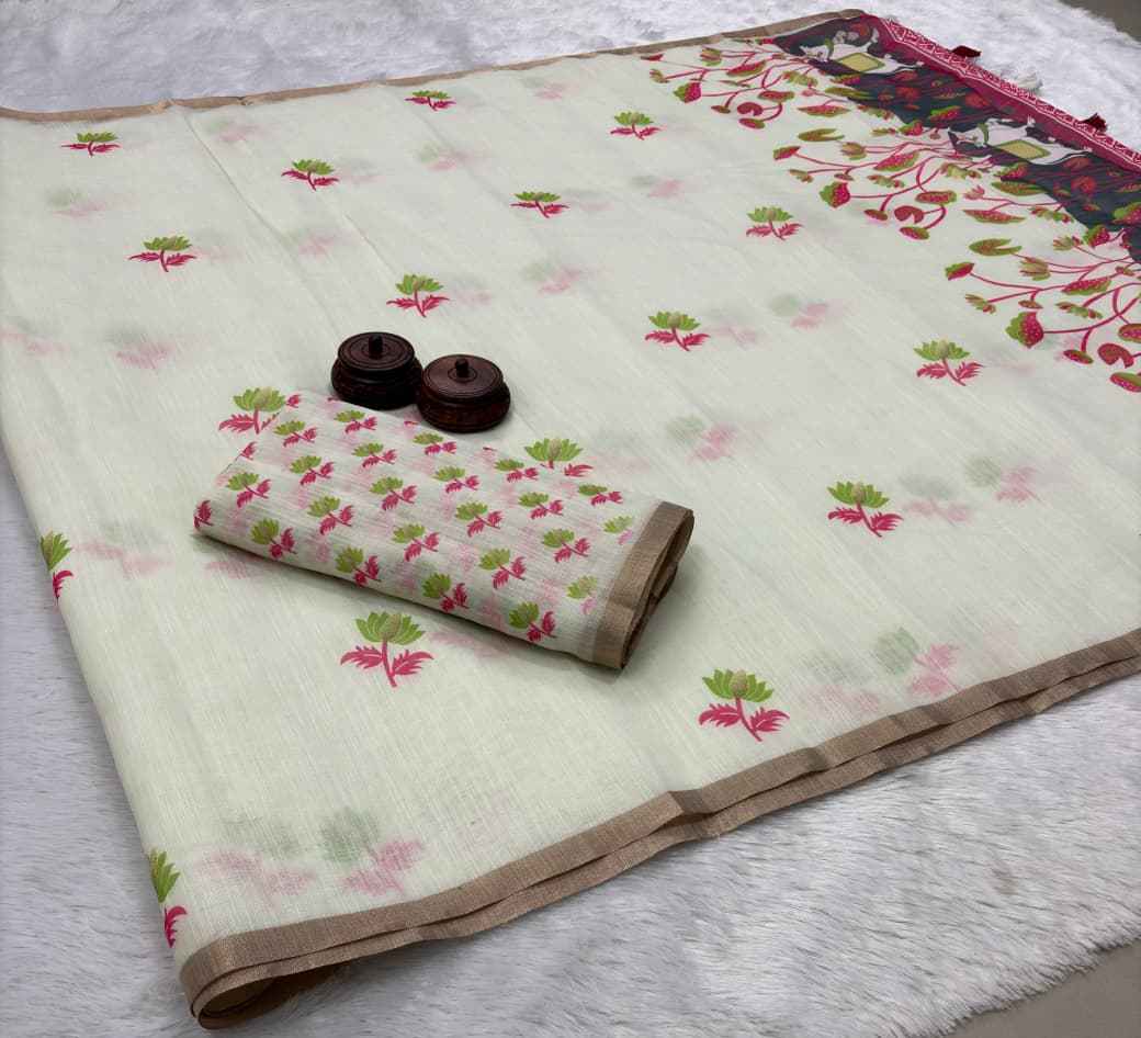 AKANKSHA PURE LINEN COTTON DIGITAL PRINTED ZARI WEAVING SAREE AT WHOLESALE PRICE