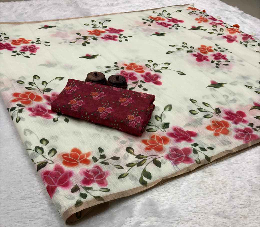 AKANKSHA PURE LINEN COTTON DIGITAL PRINTED ZARI WEAVING SAREE AT WHOLESALE PRICE