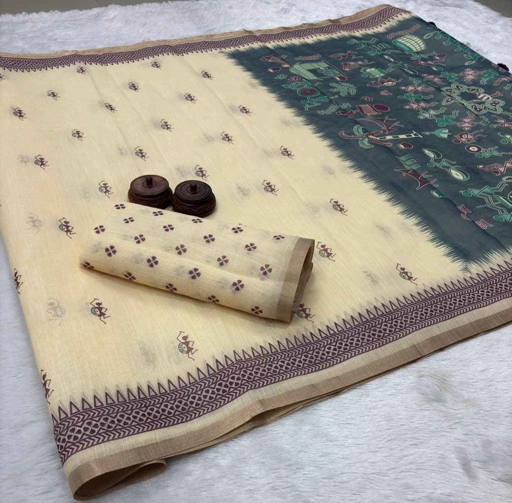 AKANKSHA PURE LINEN COTTON DIGITAL PRINTED ZARI WEAVING SAREE AT WHOLESALE PRICE