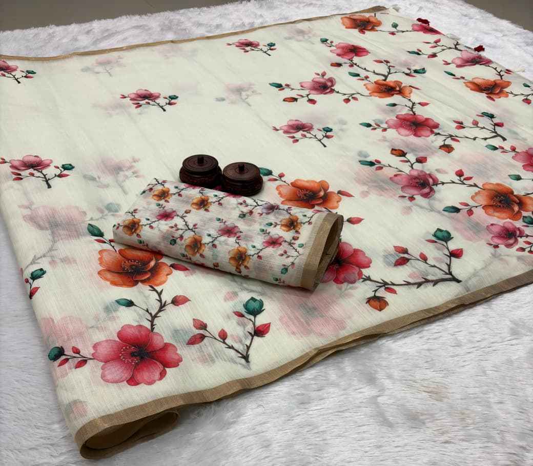 AKANKSHA PURE LINEN COTTON DIGITAL PRINTED ZARI WEAVING SAREE AT WHOLESALE PRICE