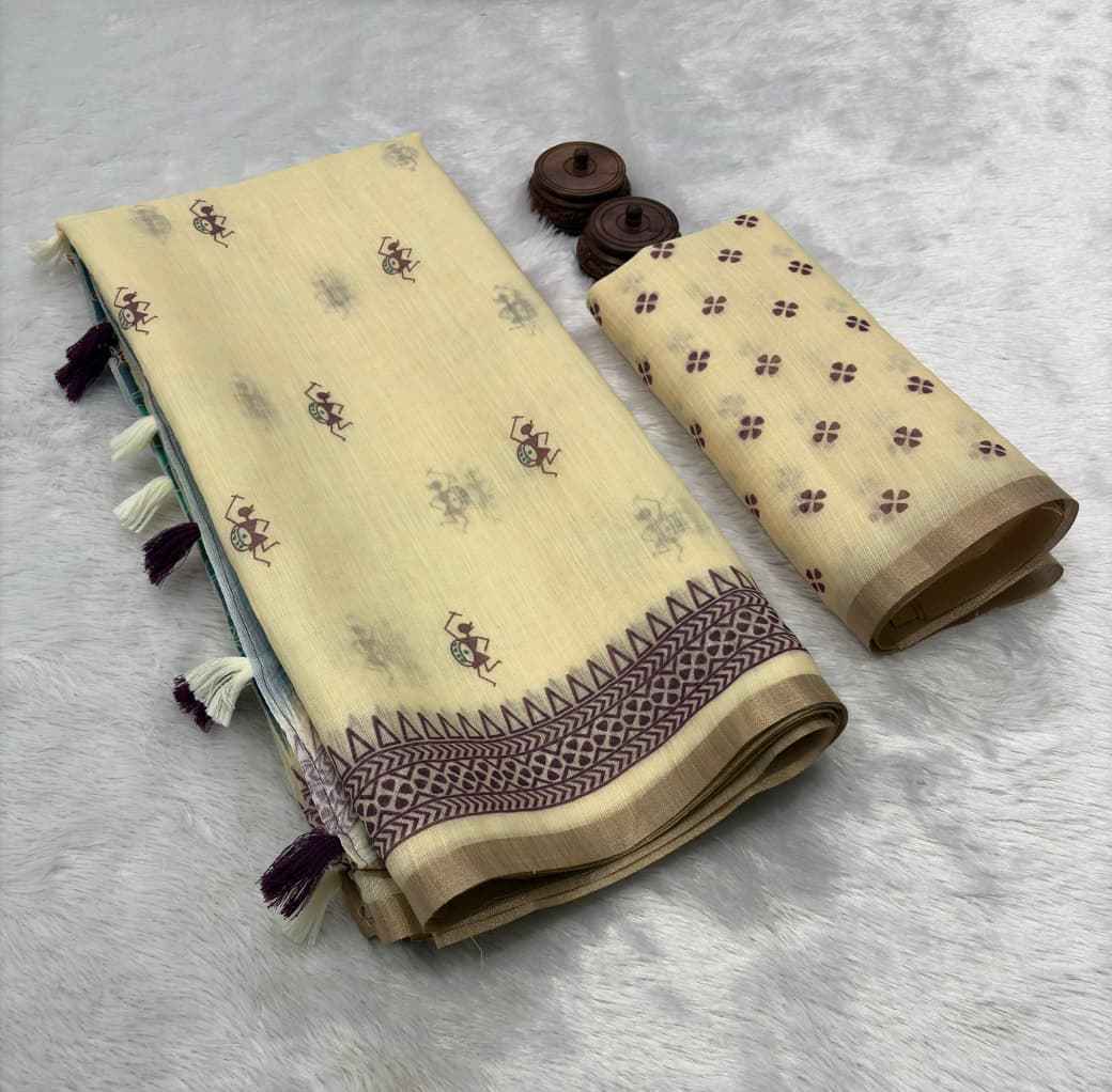 AKANKSHA PURE LINEN COTTON DIGITAL PRINTED ZARI WEAVING SAREE AT WHOLESALE PRICE