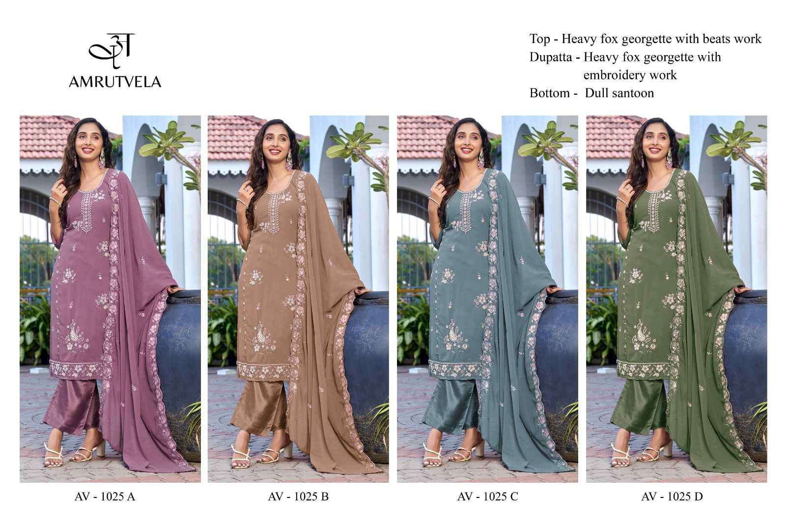 AMRUTVELA D.NO AV-1025 HEAVY FOX GEORGETTE BEATS EMBROIDERED DRESS AT WHOLESALE PRICE 