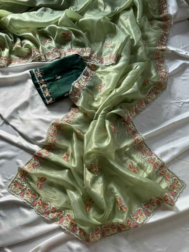 CRUSH ORGANZA HAND EMBROIDERY CUTDANA WORK SAREE AT WHOLESALE PRICE