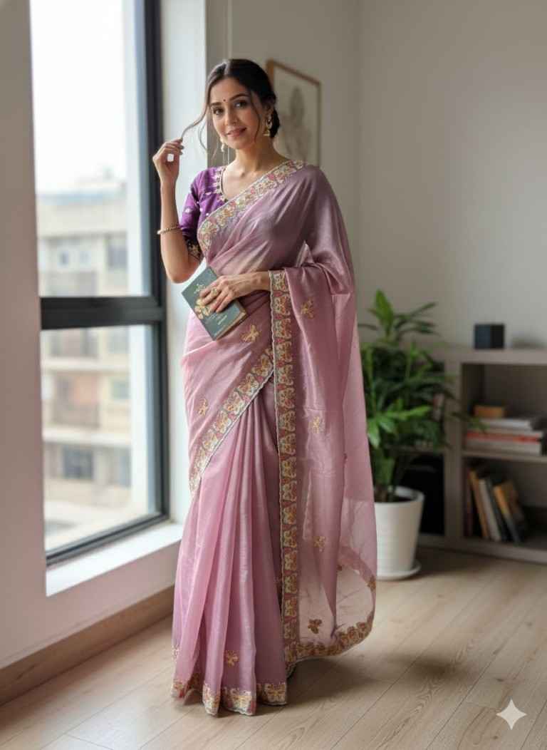 CRUSH ORGANZA HAND EMBROIDERY CUTDANA WORK SAREE AT WHOLESALE PRICE