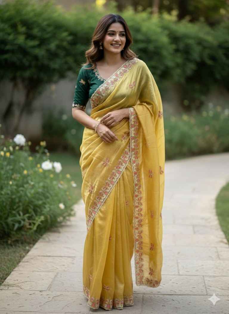CRUSH ORGANZA HAND EMBROIDERY CUTDANA WORK SAREE AT WHOLESALE PRICE