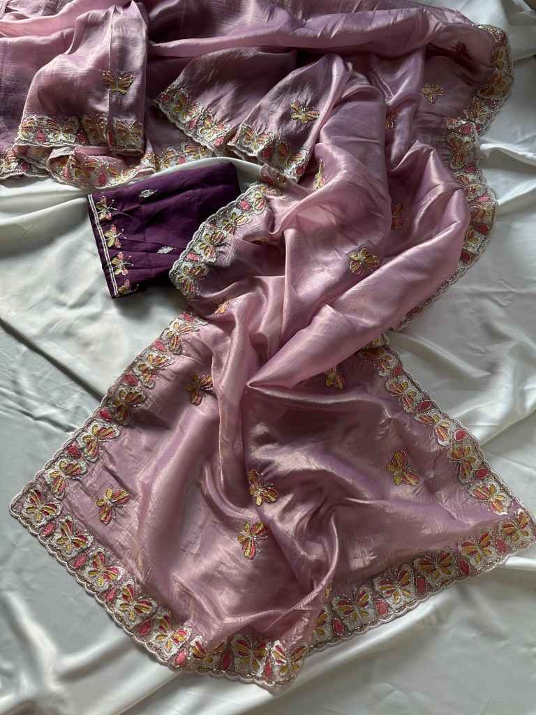 CRUSH ORGANZA HAND EMBROIDERY CUTDANA WORK SAREE AT WHOLESALE PRICE