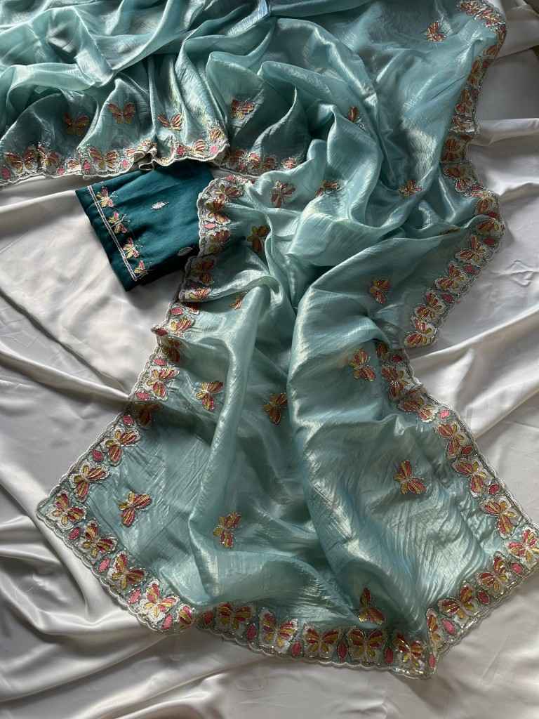 CRUSH ORGANZA HAND EMBROIDERY CUTDANA WORK SAREE AT WHOLESALE PRICE