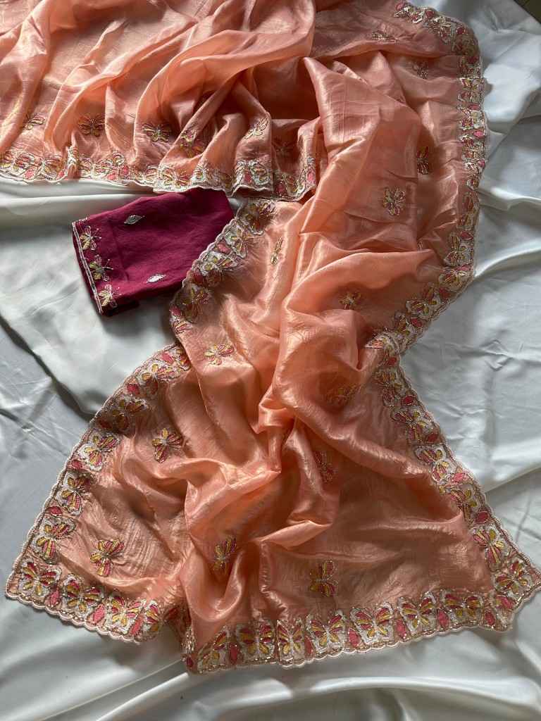 CRUSH ORGANZA HAND EMBROIDERY CUTDANA WORK SAREE AT WHOLESALE PRICE