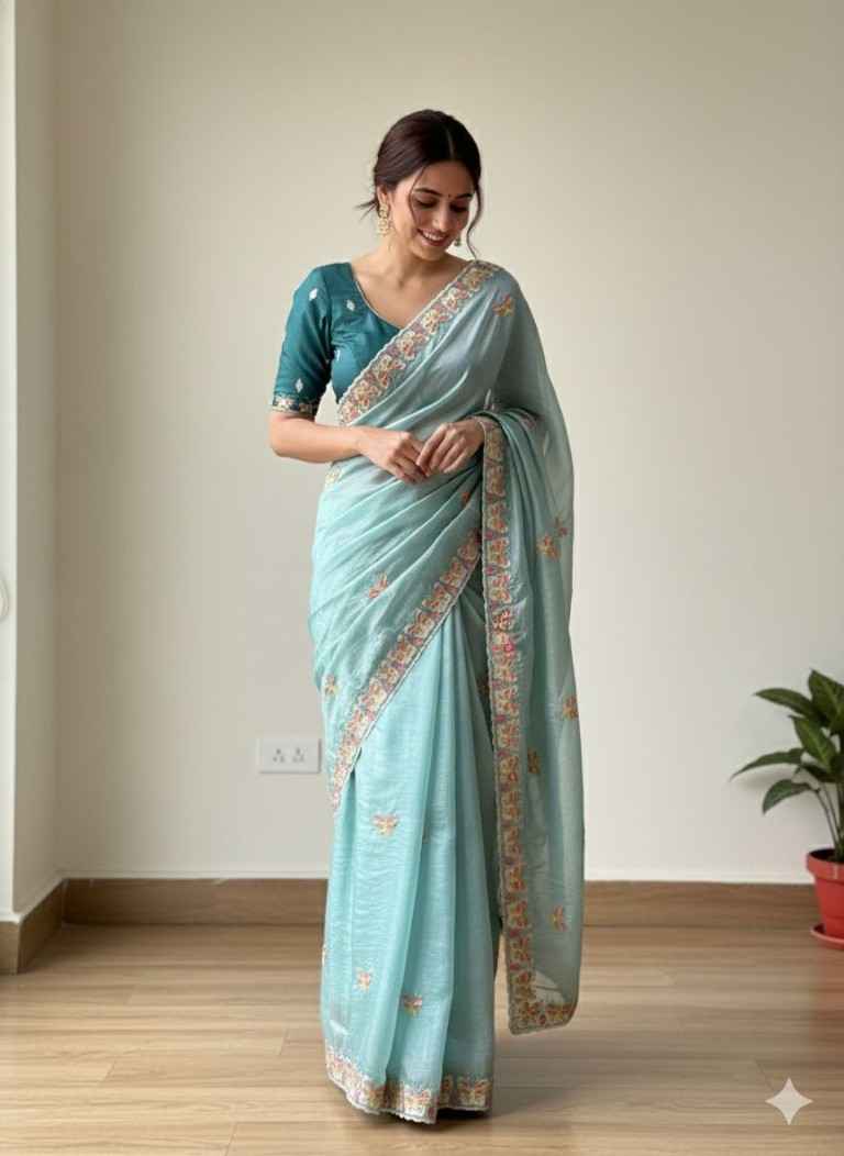 CRUSH ORGANZA HAND EMBROIDERY CUTDANA WORK SAREE AT WHOLESALE PRICE