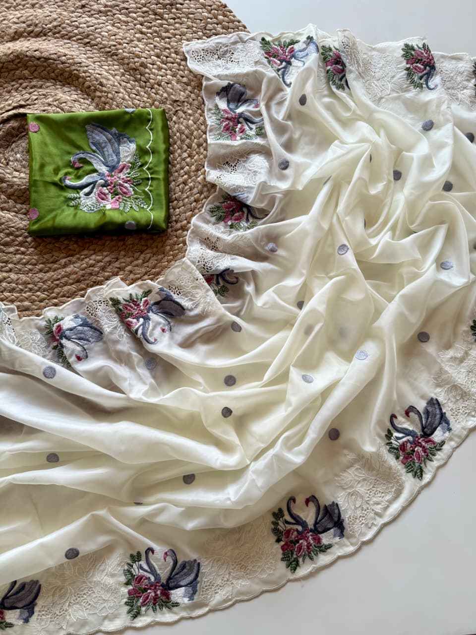 CRYSTAL TISSUE WITH VISCOSE THERD EMBROIDERY WORK SAREE AT WHOLESALE PRICE