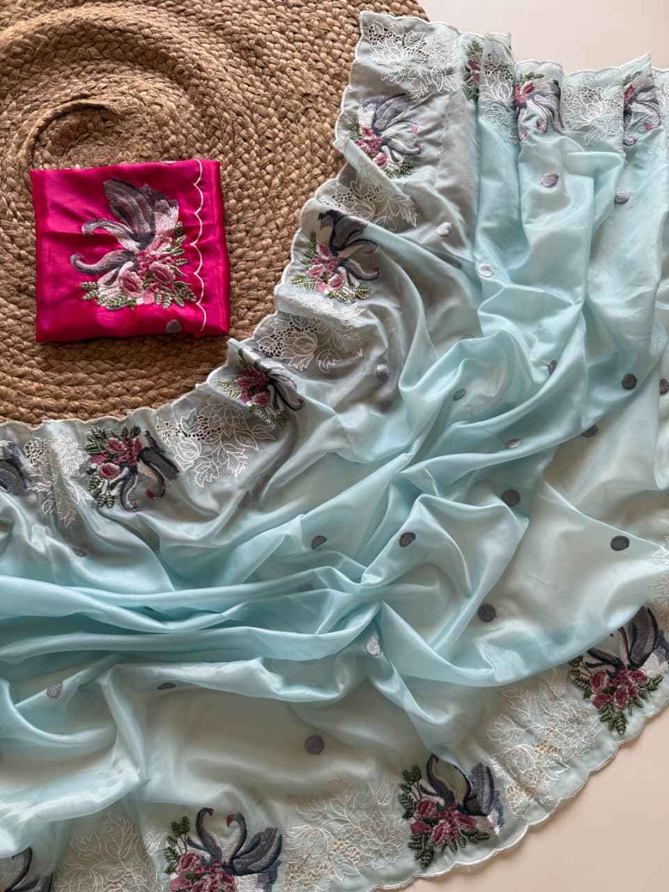 CRYSTAL TISSUE WITH VISCOSE THERD EMBROIDERY WORK SAREE AT WHOLESALE PRICE