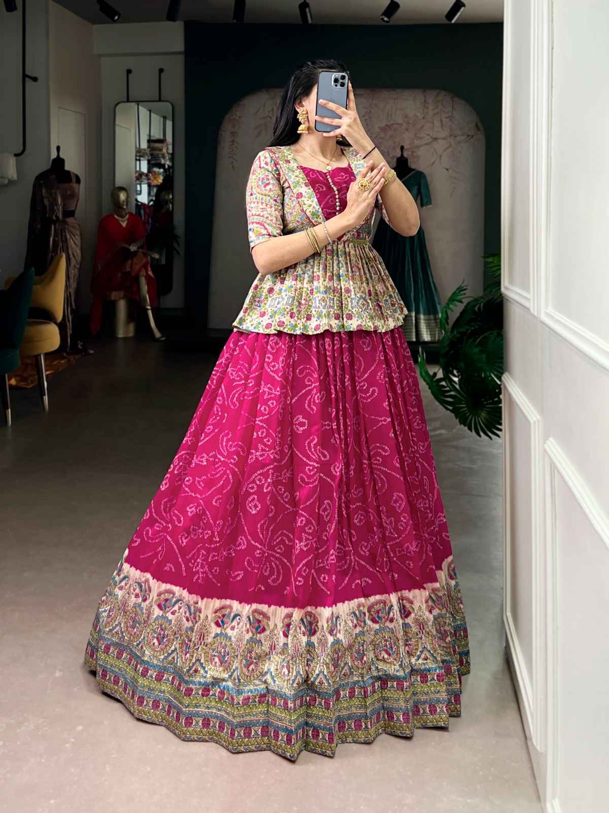 GREEN SILK FUSION PRINT OF MADHUBANI AND BANDHEJ CO-ORD SET LEHENGA AT WHOLESALE PRICE