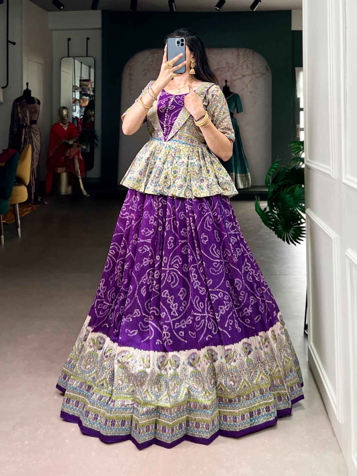 GREEN SILK FUSION PRINT OF MADHUBANI AND BANDHEJ CO-ORD SET LEHENGA AT WHOLESALE PRICE