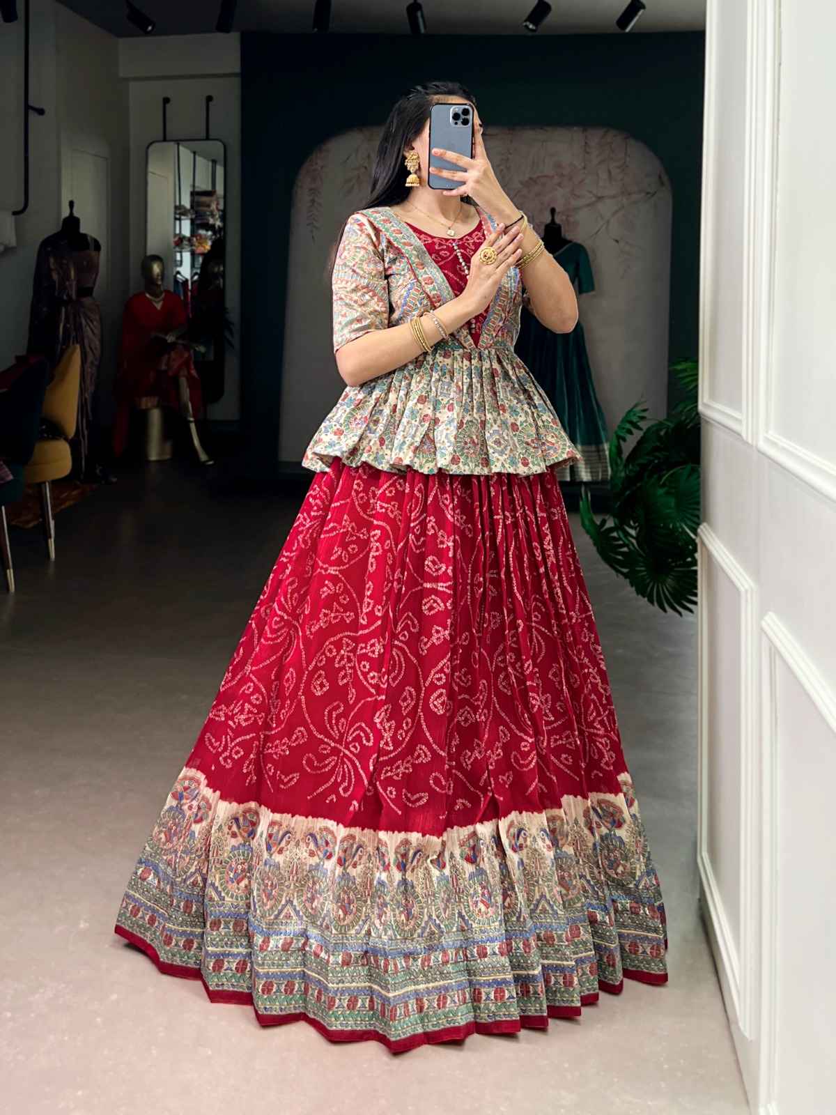 GREEN SILK FUSION PRINT OF MADHUBANI AND BANDHEJ CO-ORD SET LEHENGA AT WHOLESALE PRICE