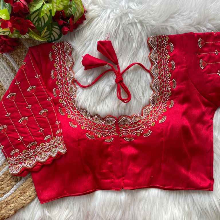HEAVY PURE SOFT ROMAN SILK JARI & BEADS WORK BRIDAL READYMADE BLOUSE 